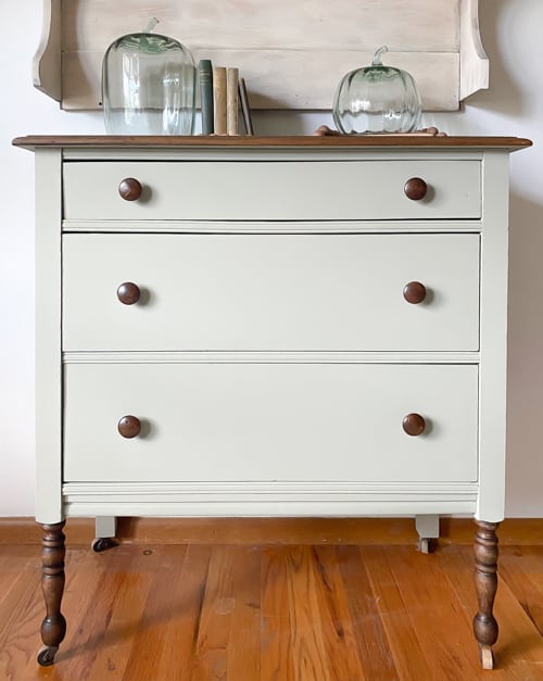 This sage green dresser makeover was made possible with a beautiful paint color and gel stain that turned it into a stunning piece again.