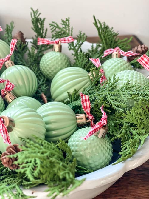 These DIY Jadeite Christmas Ornaments are so easy to make and give the look of vintage jadeite glassware that is so pretty and popular.