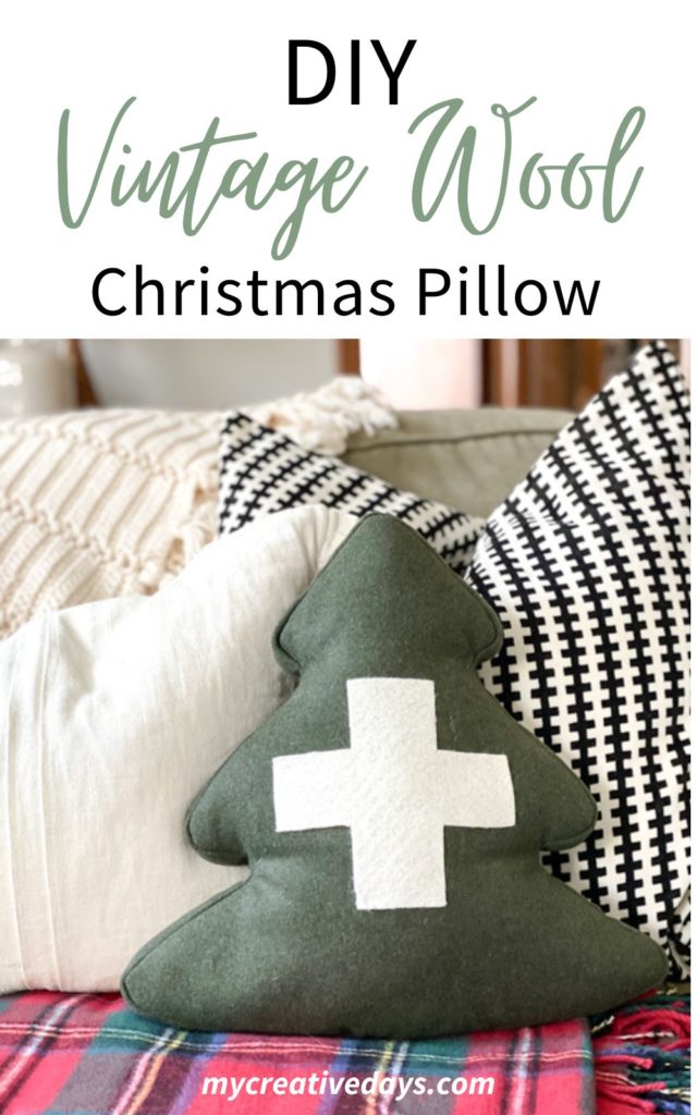 DIY Vintage Wool Christmas Pillow - get the look of an old wool blanket turned tree pillow with no sewing or having to source the blanket.