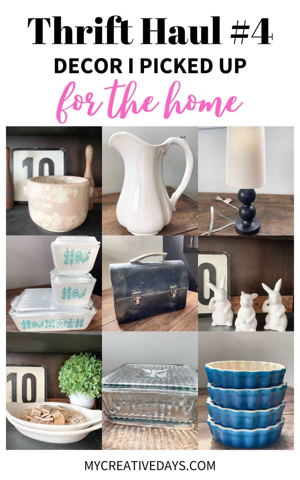 Shopping thrift stores for home decor is so much fun. In this thrift haul 4, I am sharing what I picked up on this trip to decorate the home.