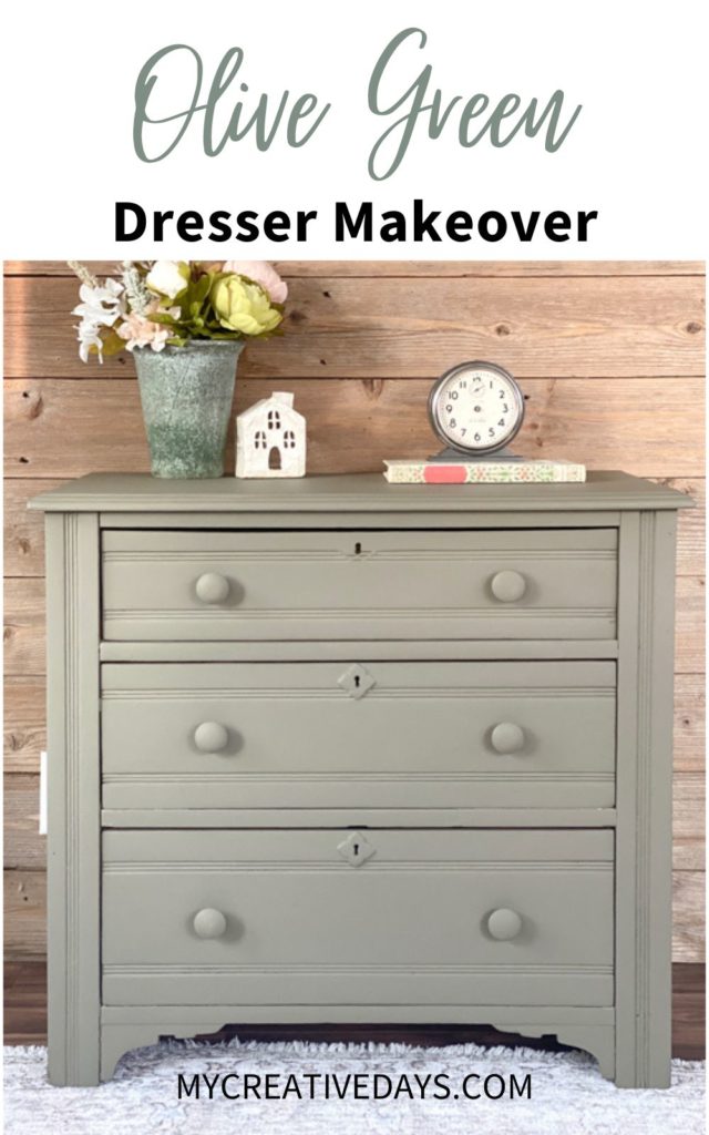 This olive green dresser makeover will show you how easy it is to transform an old piece of furniture with all-in-one paint and a sander. 