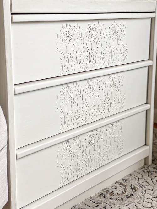 Raised Stencil Dresser Makeover using Durham’s Rock Hard Water Putty for texture. See how a plain 3-drawer chest gets a stunning transformation!