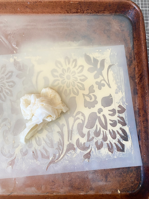 Raised Stencil Dresser Makeover using Durham’s Rock Hard Water Putty for texture. See how a plain 3-drawer chest gets a stunning transformation!