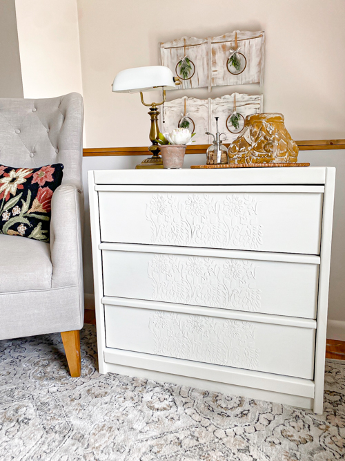 Raised Stencil Dresser Makeover using Durham’s Rock Hard Water Putty for texture. See how a plain 3-drawer chest gets a stunning transformation!