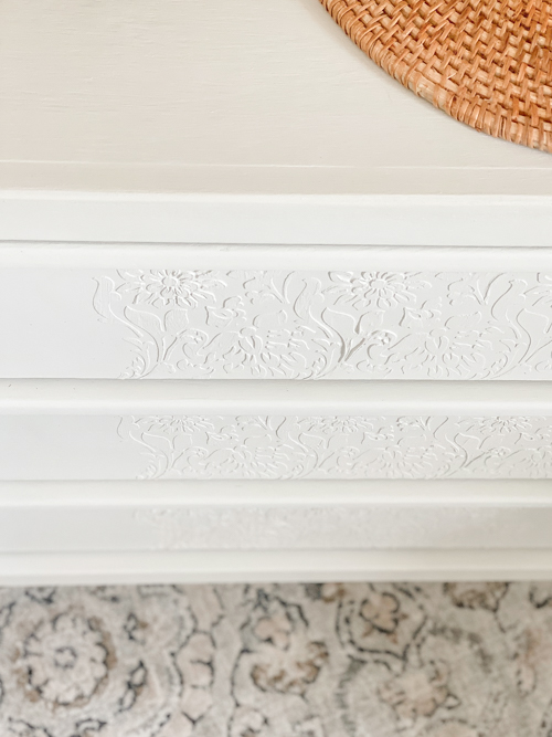 Raised Stencil Dresser Makeover using Durham’s Rock Hard Water Putty for texture. See how a plain 3-drawer chest gets a stunning transformation!