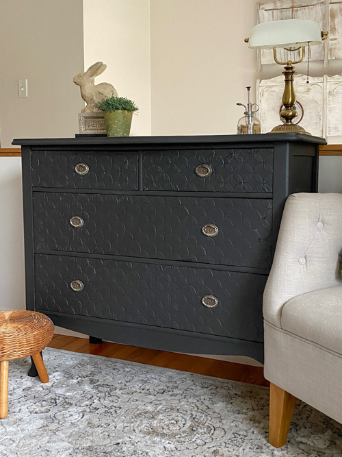 Give a dated piece new life with this Textured Furniture Makeover! Learn how to modernize a vintage dresser using a simple raised stencil technique.