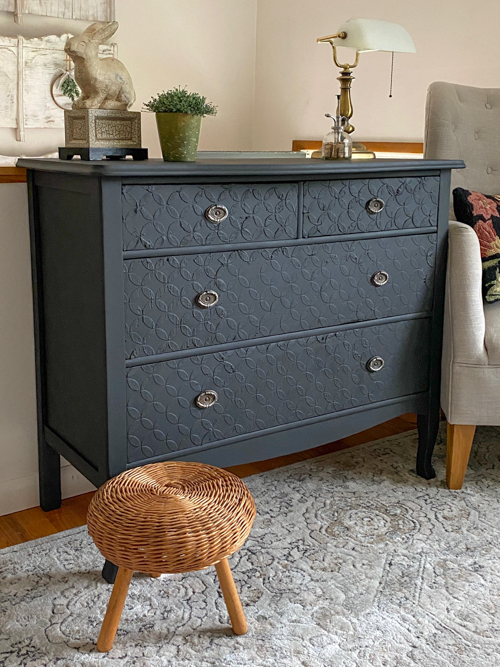 Give a dated piece new life with this Textured Furniture Makeover! Learn how to modernize a vintage dresser using a simple raised stencil technique.