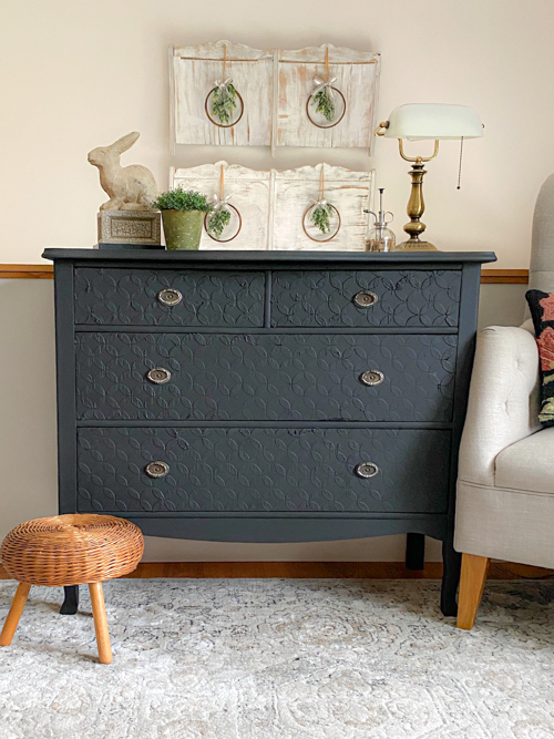 Give a dated piece new life with this Textured Furniture Makeover! Learn how to modernize a vintage dresser using a simple raised stencil technique.