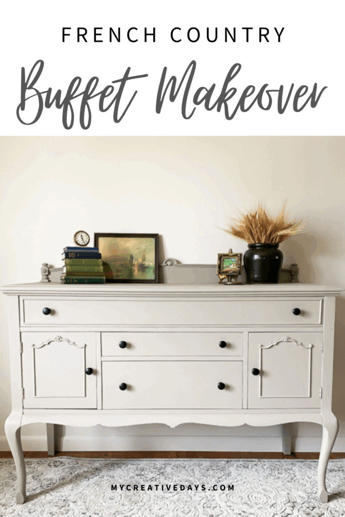 See how this French Country Buffet Makeover turned an outdated piece into a stunning focal point with French Linen paint and black hardware.