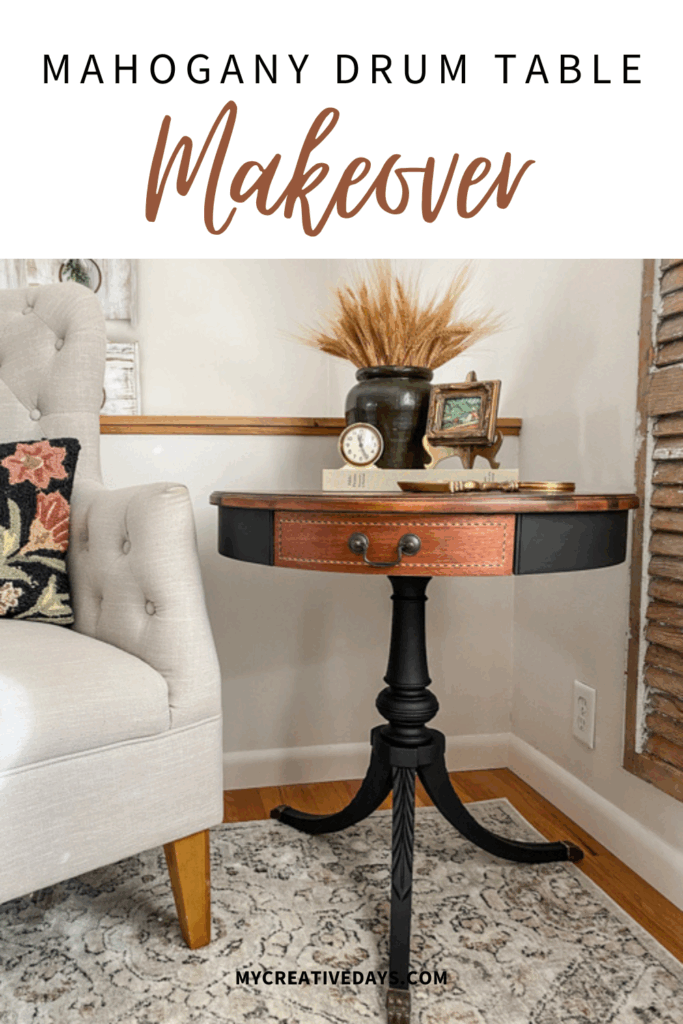 DIY mahogany drum table makeover tutorial! See how I refinished this vintage table step-by-step with supplies, tips, and a beautiful before & after.