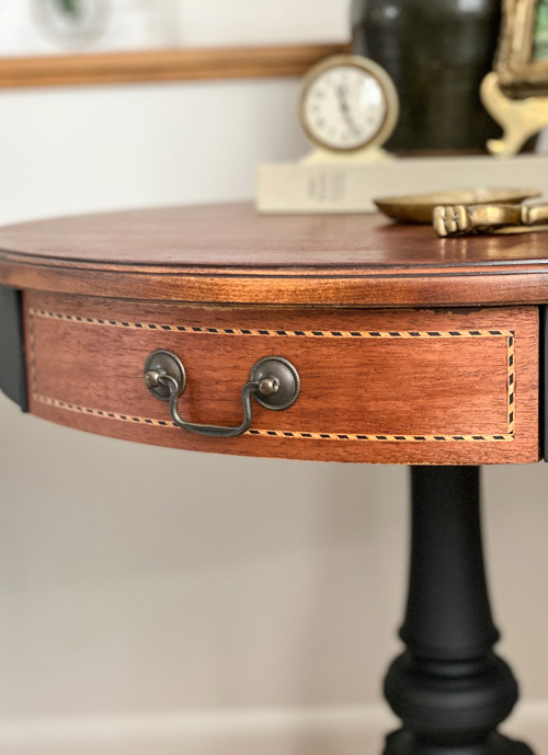 DIY mahogany drum table makeover tutorial! See how I refinished this vintage table step-by-step with supplies, tips, and a beautiful before & after.