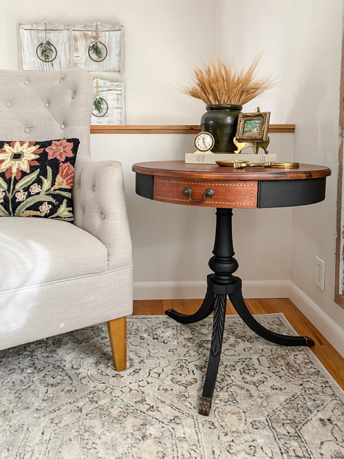 DIY mahogany drum table makeover tutorial! See how I refinished this vintage table step-by-step with supplies, tips, and a beautiful before & after.