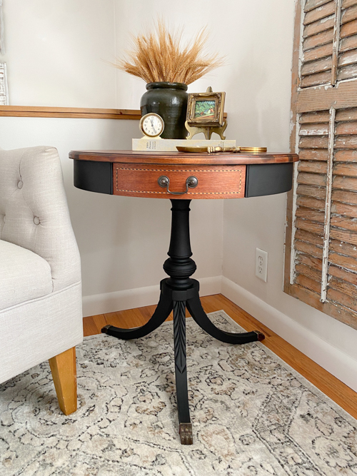 DIY mahogany drum table makeover tutorial! See how I refinished this vintage table step-by-step with supplies, tips, and a beautiful before & after.