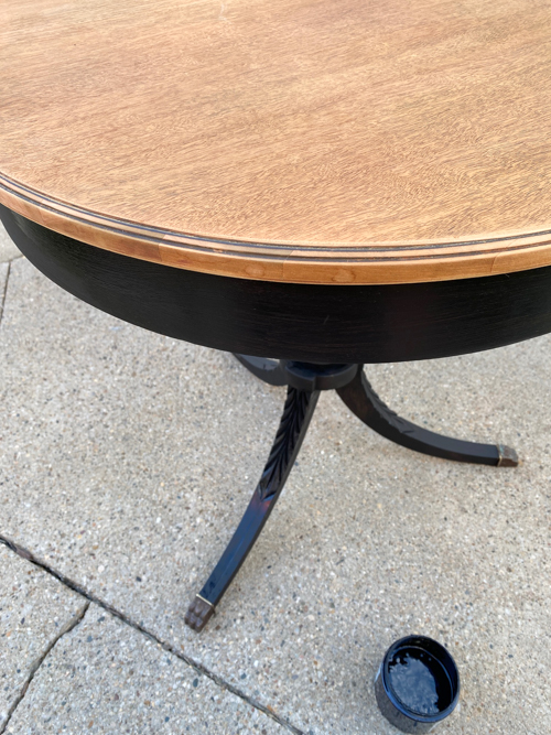 DIY mahogany drum table makeover tutorial! See how I refinished this vintage table step-by-step with supplies, tips, and a beautiful before & after.
