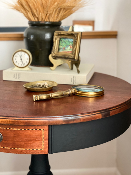 DIY mahogany drum table makeover tutorial! See how I refinished this vintage table step-by-step with supplies, tips, and a beautiful before & after.