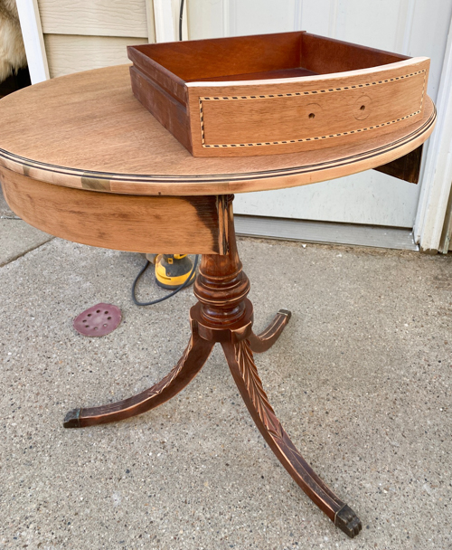 DIY mahogany drum table makeover tutorial! See how I refinished this vintage table step-by-step with supplies, tips, and a beautiful before & after.