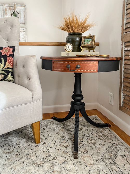 DIY mahogany drum table makeover tutorial! See how I refinished this vintage table step-by-step with supplies, tips, and a beautiful before & after.