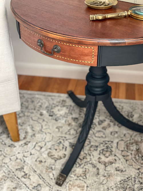 DIY mahogany drum table makeover tutorial! See how I refinished this vintage table step-by-step with supplies, tips, and a beautiful before & after.