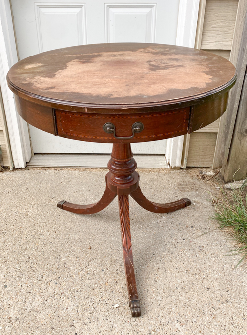 DIY mahogany drum table makeover tutorial! See how I refinished this vintage table step-by-step with supplies, tips, and a beautiful before & after.