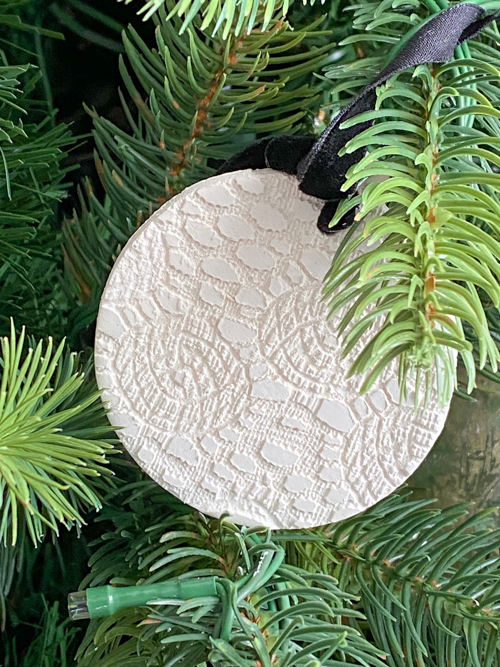 DIY Lace Christmas Ornaments made with air-dry clay, lace, and simple tools. Easy, elegant, and customizable holiday decorations for your tree.