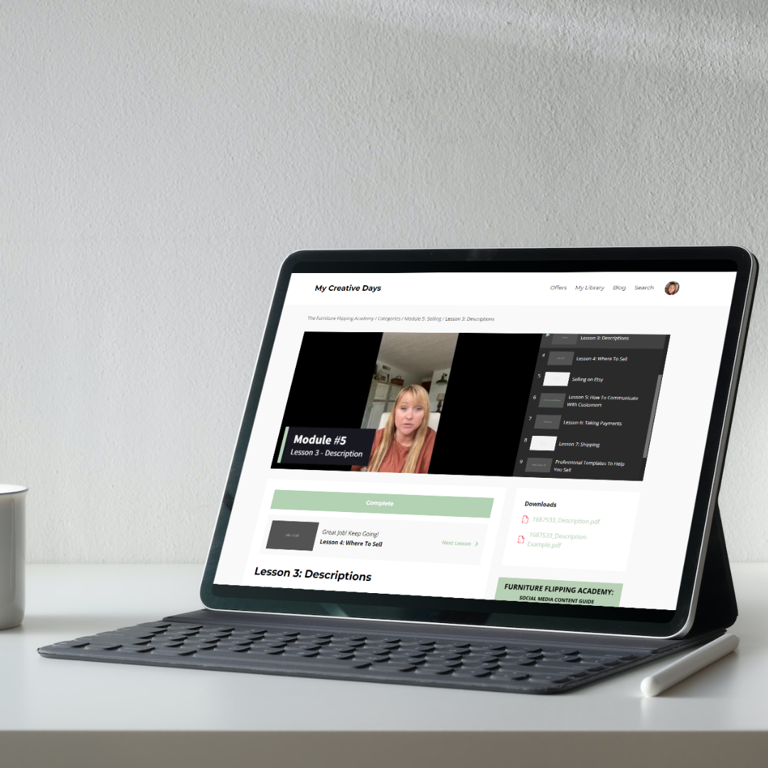 Furniture Flipping for Beginners: Get instant access to the Academy, lifetime resources, and everything you need to start flipping with confidence.