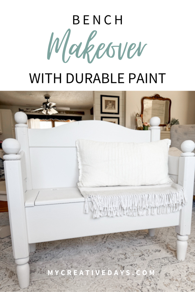 This bench makeover with durable paint shows how to fix a worn painted bench that didn’t hold up. See how I repainted it for a long-lasting finish.
