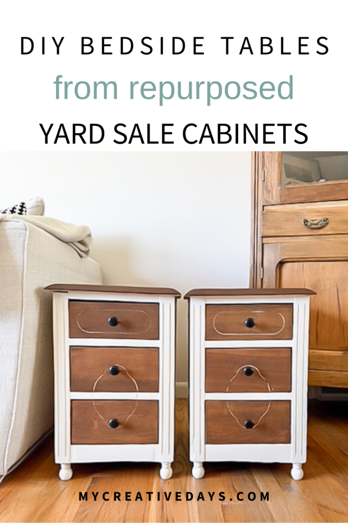 Learn how I transformed thrifted cabinets into DIY bedside tables with paint, stain, new hardware, and "snowman" feet in this easy makeover.