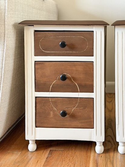 Learn how I transformed thrifted cabinets into DIY bedside tables with paint, stain, new hardware, and "snowman" feet in this easy makeover.