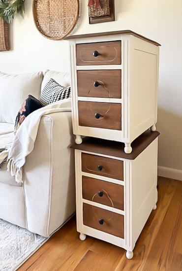 Learn how I transformed thrifted cabinets into DIY bedside tables with paint, stain, new hardware, and "snowman" feet in this easy makeover.