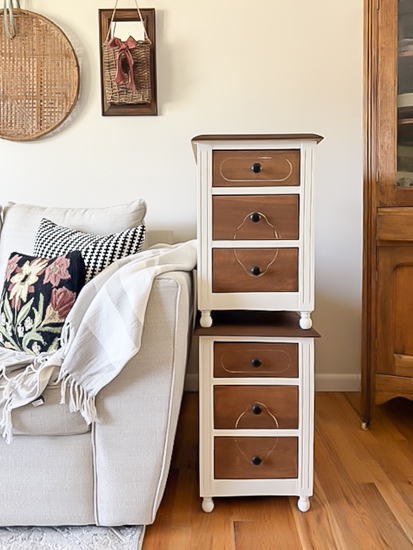 Learn how I transformed thrifted cabinets into DIY bedside tables with paint, stain, new hardware, and "snowman" feet in this easy makeover.