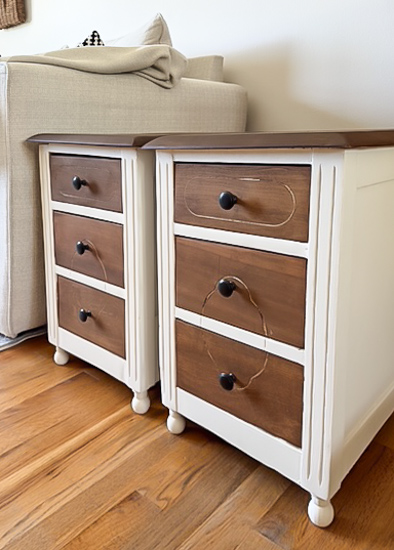 Learn how I transformed thrifted cabinets into DIY bedside tables with paint, stain, new hardware, and "snowman" feet in this easy makeover.