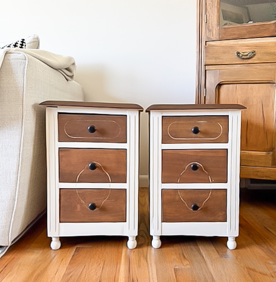 Learn how I transformed thrifted cabinets into DIY bedside tables with paint, stain, new hardware, and "snowman" feet in this easy makeover.
