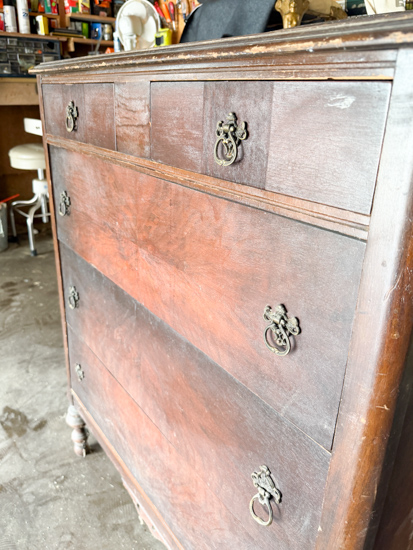 Discover the best paint for furniture makeovers in this $20 thrifted tall dresser flip using all-in-one paint, stain details, and new hardware.