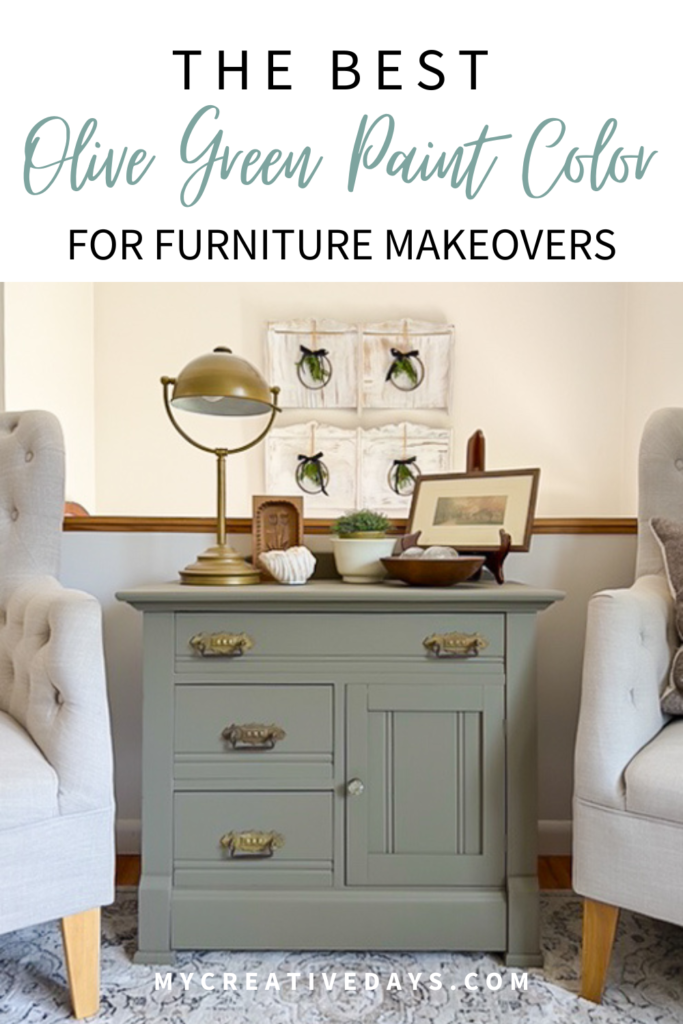 Looking for the best olive green paint color for furniture makeovers? See beautiful makeover ideas, paint color tips, and how to transform old pieces.