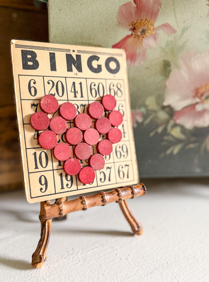 Vintage Bingo Crafts are an easy way to decorate for every season. Learn three simple DIY ideas using vintage Bingo cards and wooden Bingo pieces.