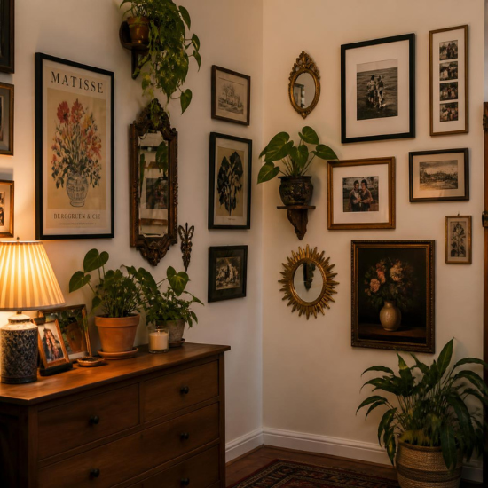 Looking for Corner Wall Gallery Ideas? Learn how to create a collected gallery wall using thrifted finds, vintage pieces, artwork, and items you already own.