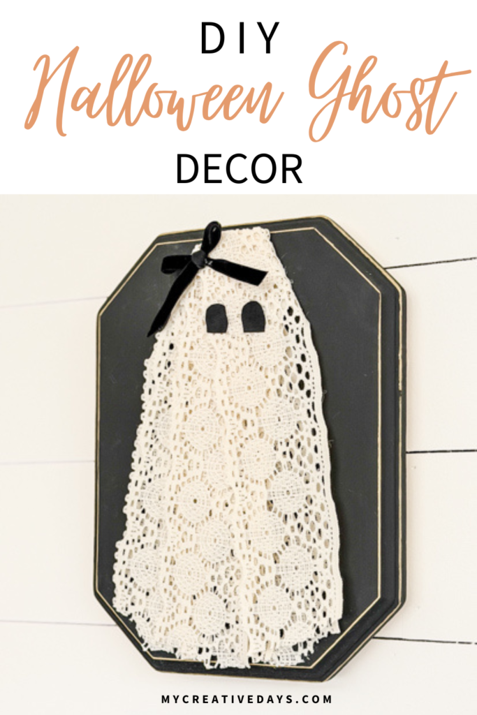 DIY Halloween Ghost Decor is easy to make with a wood plaque, lace trim, and a few simple supplies. Create this cute DIY ghost wall hanging on a budget.