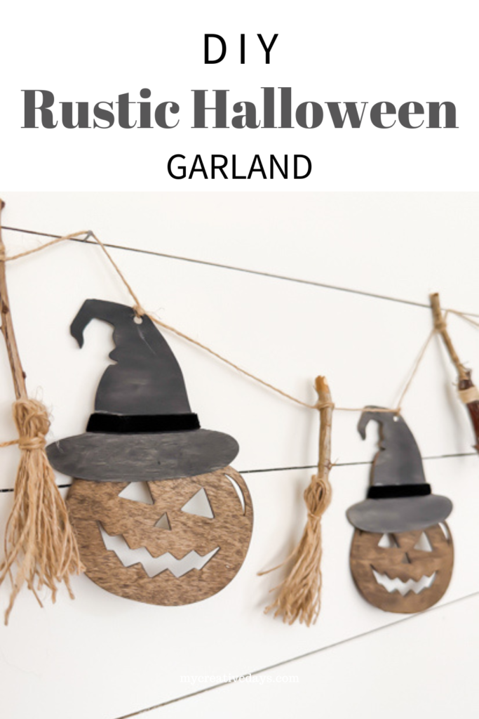 Make this DIY Rustic Halloween Garland with Dollar Tree wood cutouts, stain, witch hats, velvet ribbon, twine, and mini witch brooms.